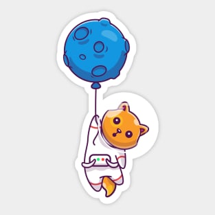 Cute Cat Astronaut Floating And Holding Balloon Cartoon Sticker